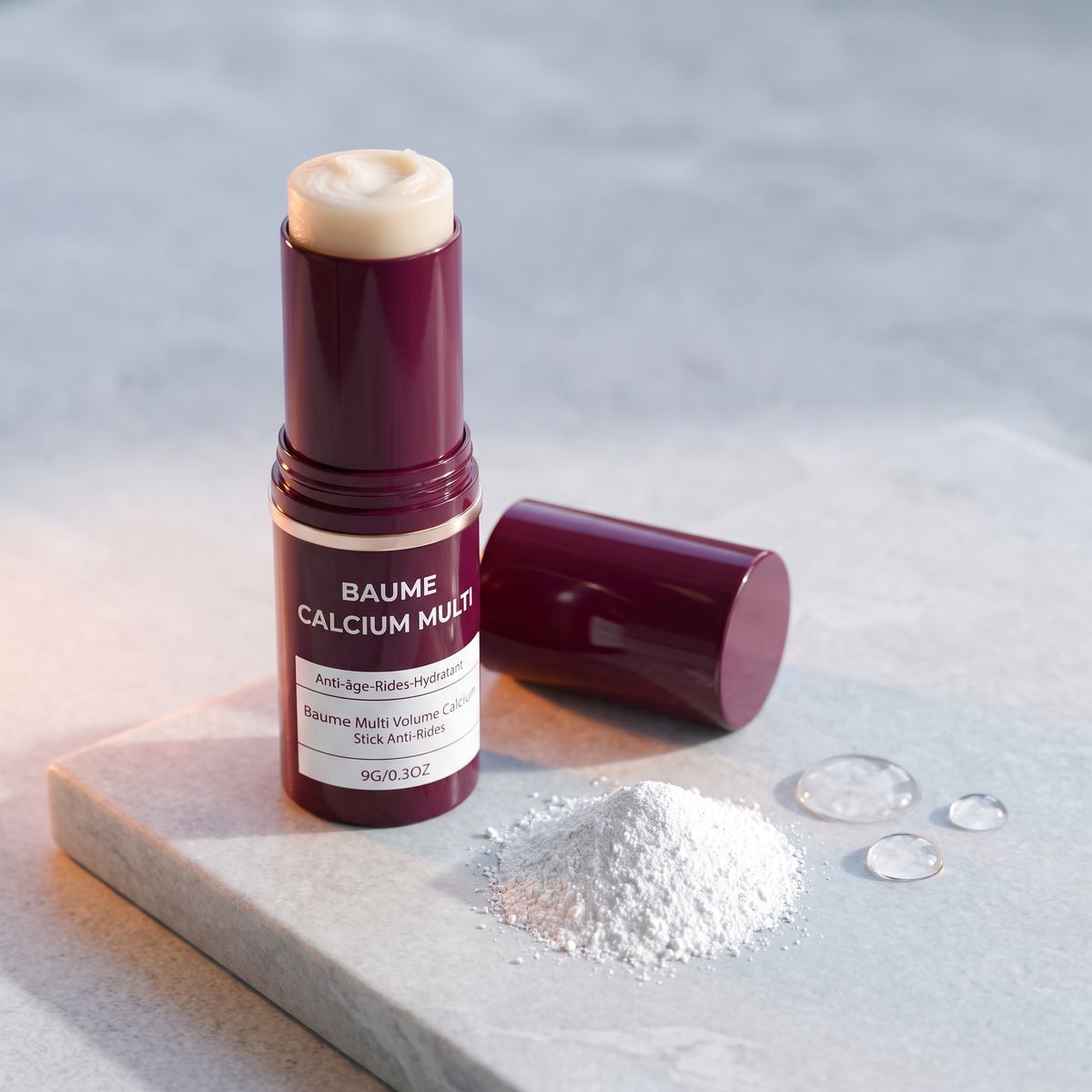 Le stick Baume Calcium Multi à côté d'une poudre minérale très fine et de gouttes de gel
