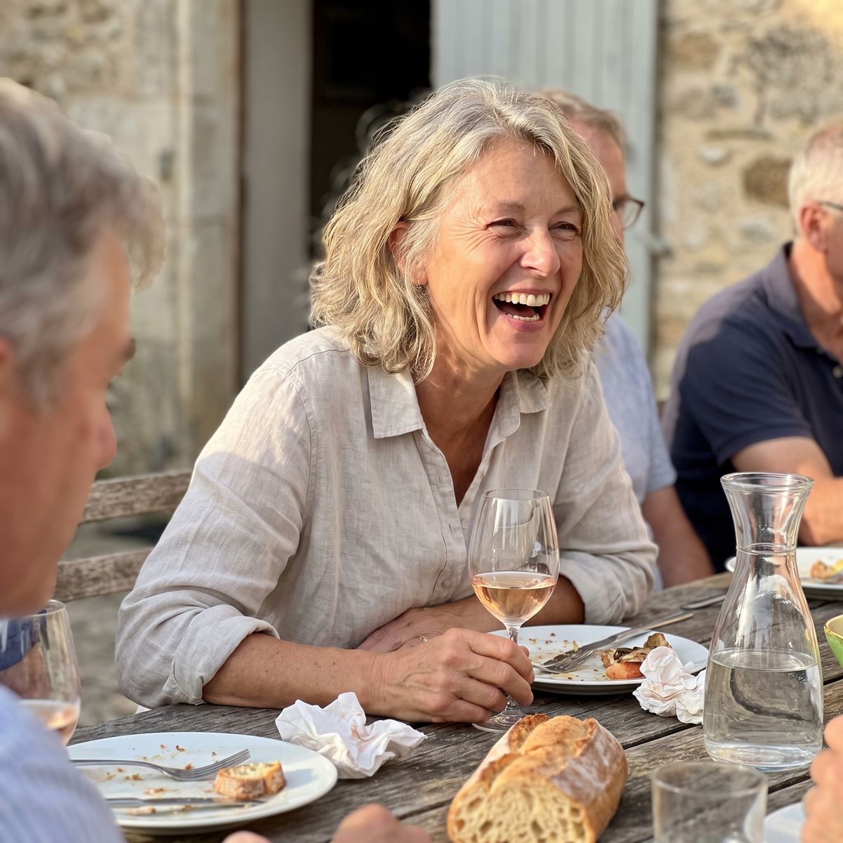 Femme d'une soixantaine d'années qui rit franchement pendant un déjeuner entre amies