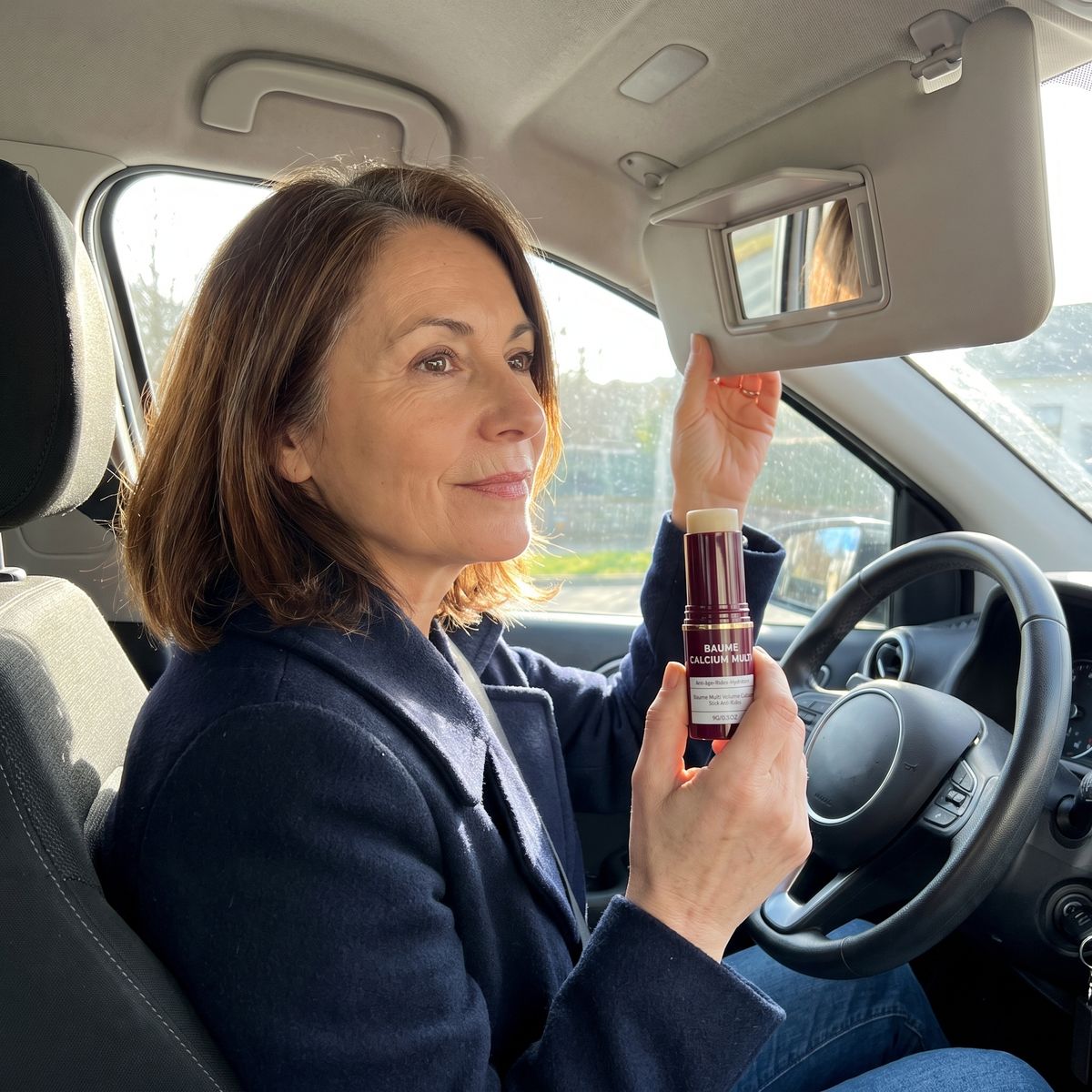 Femme qui applique le stick Baume Calcium Multi au-dessus de la lèvre, dans sa voiture, devant le miroir du pare-soleil